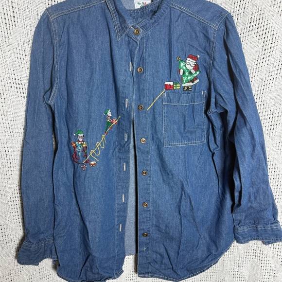 Festive Denim Button Down Shirt with Santa Embroidery - Picture 1 of 6